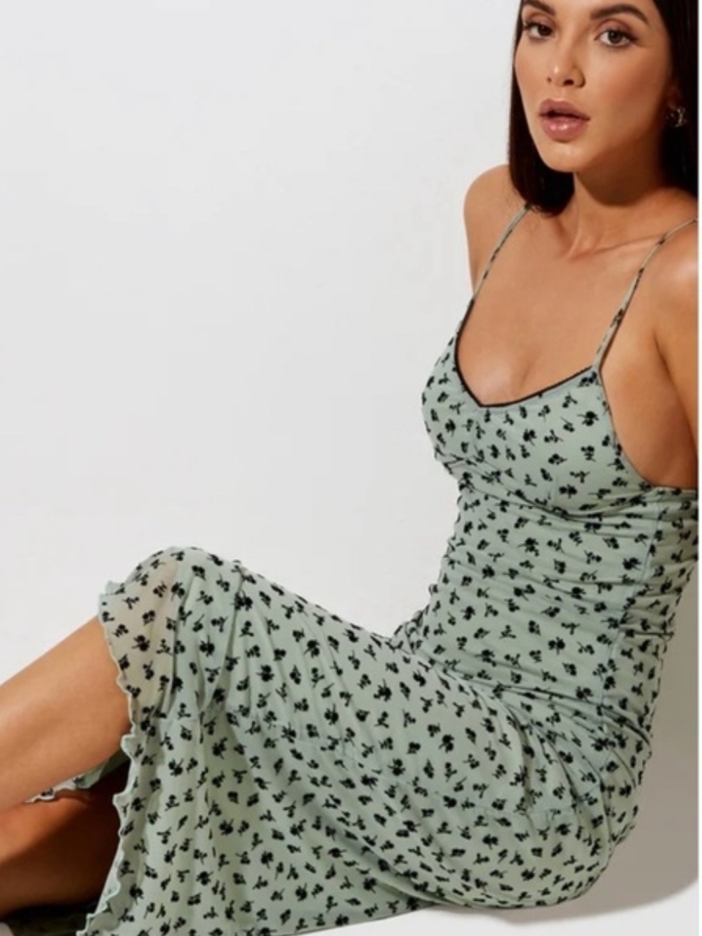Motel Rocks Motel Rocks Cotina Midi Dress In Sage Flower Buds Black Flock NWT